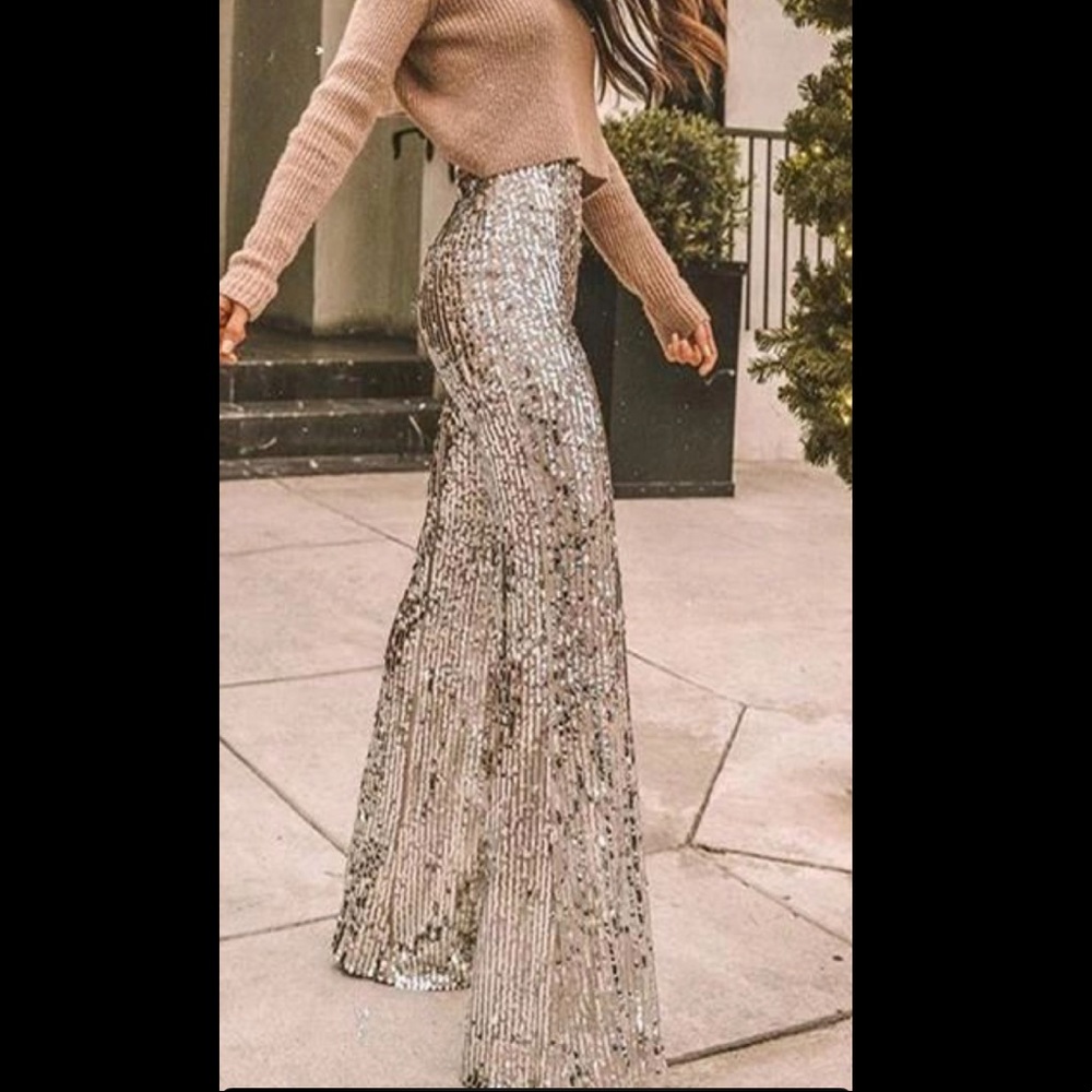 Zara sequin wide leg pants bell bottoms